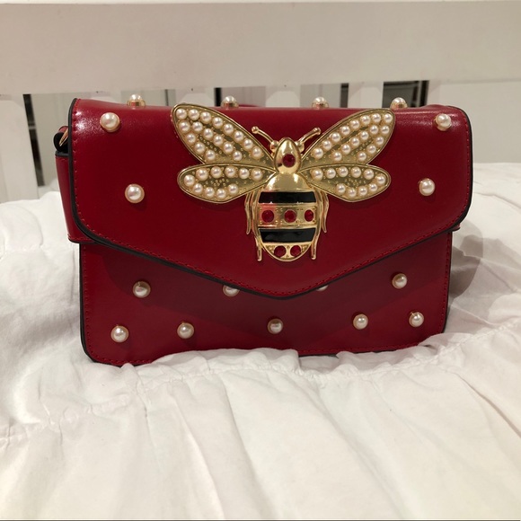 Handbags - Red Bug Pearl Embellished Purse